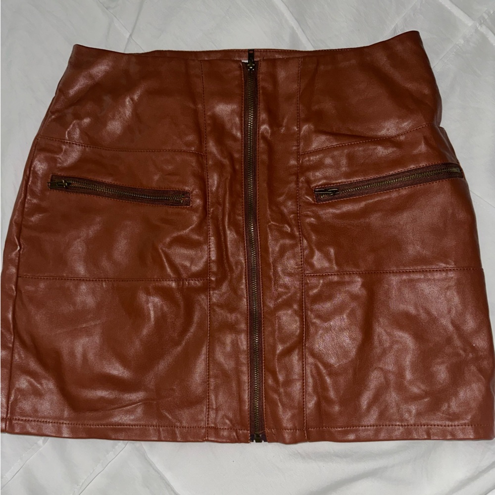 Brown Leather Mini Skirt with Zipper Details